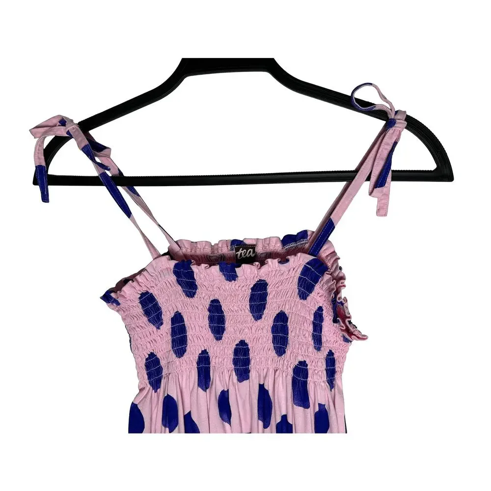 Tea Collection Girls Tie Shoulder Smocked Romper Pink Purple Cotton Polka Dot 12